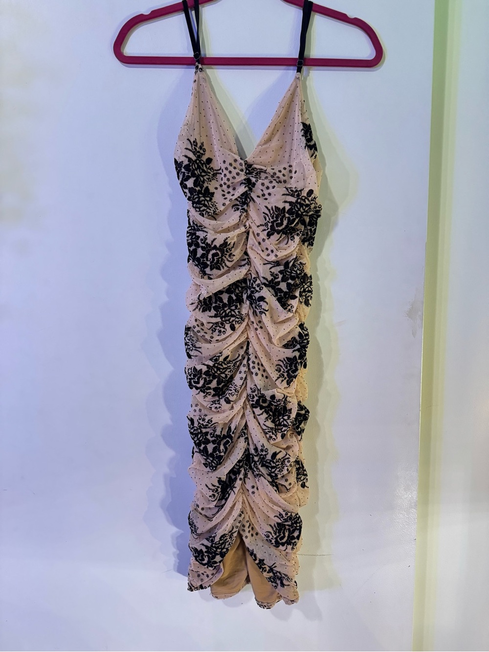 MAJORELLE Beige and Black Ruched Floral Slip Dress